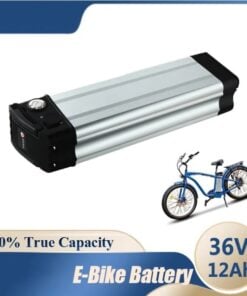 A 36v 12ah battery with ebike and battery specifications displayed.