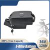 A 12ah 36v electric bike battery with faded half bicycle in background and battery specifications displayed.