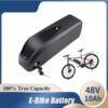 A 48v 10ah lithium battery with mountain bike and battery specifications displayed.