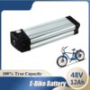 A 48v 12ah lithium battery with ebike and battery specifications displayed.