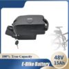 A 48v 15ah battery with half faded bicycle in the background and battery specifications displayed.