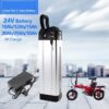 A 24v electric bike battery with small ebike, battery charger and battery specifications, against a city background and paved street.