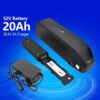 A 52v 20ah electric bike battery with mounting bracket, charger and battery specifications.