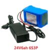 A 6ah 24v lithium battery with charger and battery specifications displayed.