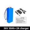30ah 36v lithium ion battery with charger and battery specifications.