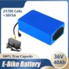 A 40ah 36v lithium ion battery with charger and battery specifications listed.