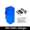 A 15ah 36v ebike battery with charger and battery specifications.