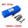 A 48v 10ah lithium ion battery with charger and battery specifications listed.