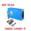 A 25ah 48v lithium ion battery with charger and battery specifications listed.