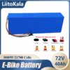 A 72v 40ah lithium battery with discharge connector options and battery specifications below.