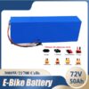 A 72v 50ah lithium battery with discharge connector options and battery specifications below.