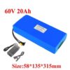 A 60v 20ah lithium battery with charger and battery specifications listed.