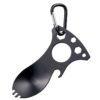 A small backpacking spoon eating tool with mini carabiner attached.