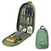 Two displays of a portable camping cooking utensils set; one showing closed bag, the other shower bag opened displaying utensils inside.