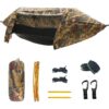 A real-tree camouflage camping hammock tent, with storage bag and accessories displayed below.