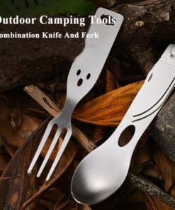 Camping silverware eating tools lying against forest floor