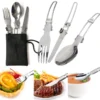 A spoon, knife, fork portable utensil set, with use examples and storage bag display.