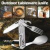 Spoon, fork, knife all in one tool, with tools opened, against forest floor with user case examples.