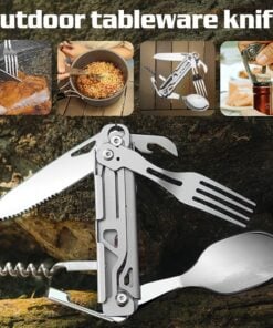 Spoon, fork, knife all in one tool, with tools opened, against forest floor with user case examples.