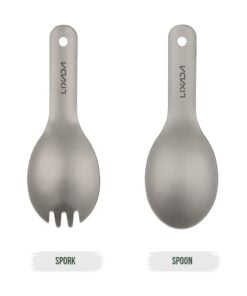 A spoon and spork travel utensils displayed side-by-side.