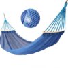 An erected outdoor tree hammock, with featured highlight of hammock's breathable material.