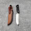 A fixed blade bush knife and leather knife sheath.