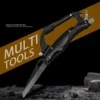 A carabiner knife combo multitool with knife blade extended.