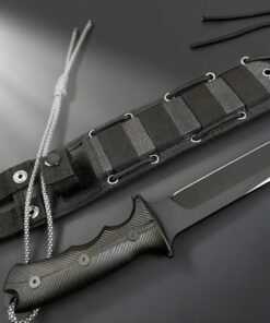A black tactical combat knife displayed next to its sheath.