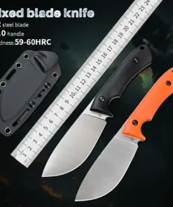 Two deer skinning knife models displayed next to a steel ruler and sheath.
