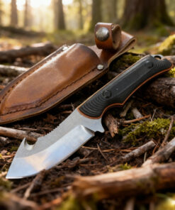 A field dressing gut hook knife displayed next to its sheath, lying on a forest floor.