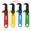 Four hook box cutter utility knives of differing colors.