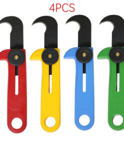Four hook box cutter utility knives of differing colors.