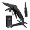 Multifunction knife with screwdriver, pliers and other tools opened, and knife pouch in background.