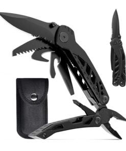 Multifunction knife with screwdriver, pliers and other tools opened, and knife pouch in background.