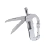 A multi tool carabiner clip with knife, saw and LED torch extended.