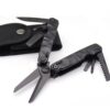 A folding multipurpose knife scissors, next to a knife pouch.