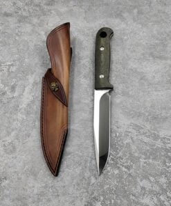 A straight full tang blade pig sticker knife with leather knife sheath.