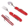 Three red pocket knives displayed with different eating tools.