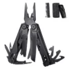 A folding tactical multi tool knife with tools opened, and sheath, accessories and box in the background.