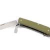 A green multifunctional knife, with knife blade and other tools half opened.