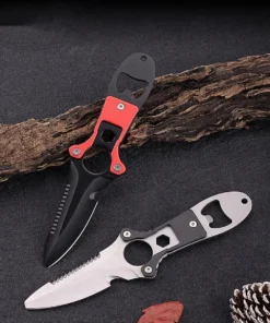 Two boat knife models of differing colors displayed against a small log.