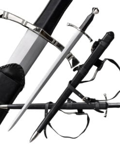 A Knights Crusader sword displayed next to its scabbard, along with sword highlights.
