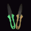 Two scuba diving knives with different color luminous handles.