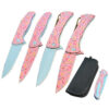 Four pink pocket knives with blades opened lined in a row and a smaller folded knife and pouch in the bottom right corner.