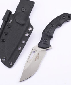 A small survival knife with fire starter and sheath.