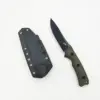 A fixed blade survival camping knife, displayed next to its sheath.