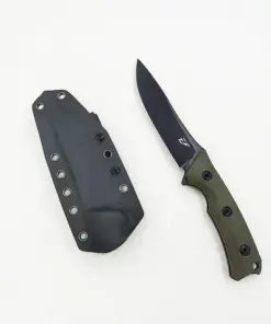 A fixed blade survival camping knife, displayed next to its sheath.