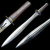 A straight, double edged apocalypse sword, with product highlights above and below.