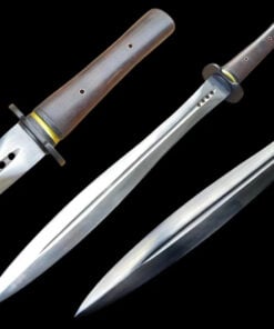 A straight, double edged apocalypse sword, with product highlights above and below.