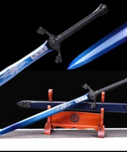 A straight, double edged longsword with a blue blade and its scabbard resting on a wood stand, and with product highlights above.